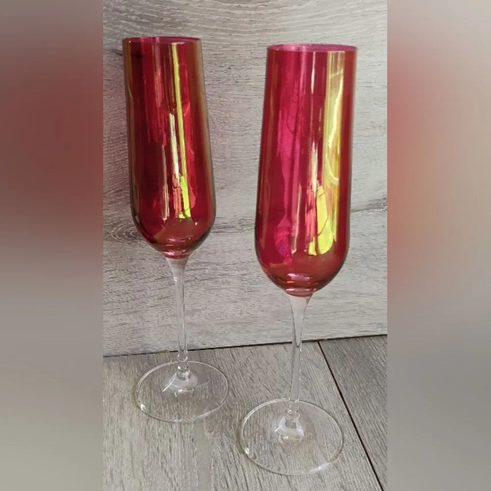 Vintage Red Cranberry Fluted Wine Glasses Set Of 2 Champagne Clear Stem